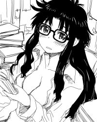 Rule 34 | 00s, 1girl, blush, breasts, cleavage, glasses, greyscale, holding, long hair, looking at viewer, monochrome, parted lips, read or die, sakaki imasato, sketch, solo, yomiko readman