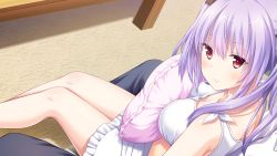 Rule 34 | 1girl, absurdres, bare arms, blush, breasts, closed mouth, dress, from above, game cg, happy, highres, indoors, legs, legs together, light blush, looking at viewer, medium breasts, nekonyan, hugging object, original, pillow, pillow hug, pov, purple hair, red eyes, rug, sitting, smile, solo focus, spread legs, thighs, tonari ni kanojo no iru shiawase ~summer surprise~, twintails, uryuu koume, white dress