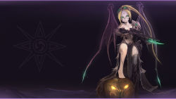 Rule 34 | 1girl, absurdres, artist request, blonde hair, closed mouth, collarbone, female focus, green eyes, gun, halloween, highres, holding, holding weapon, jack-o&#039;-lantern, long hair, midriff, navel, nova (starcraft), ponytail, pumpkin, smile, solo, starcraft, weapon, wings