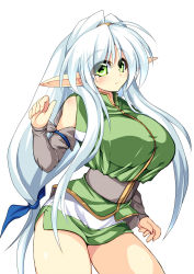 Rule 34 | 1girl, bare shoulders, blue hair, breasts, detached sleeves, elf, female focus, green eyes, highres, huge breasts, long hair, looking at viewer, miniskirt, pointy ears, rei shabu, shirt, simple background, skirt, solo, standing, very long hair, white background