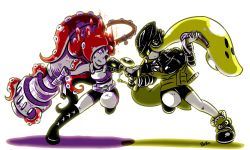 Rule 34 | 2girls, agent 3 (splatoon), alternate eye color, arm cannon, armor, artist name, belt, bicycle helmet, black jacket, black sclera, black shorts, blonde hair, boots, breasts, closed mouth, colored sclera, cross-laced footwear, faceoff, fingerless gloves, frightening (zoza), from side, full body, gloves, goggles, green eyes, headgear, helmet, hero shot (splatoon), heterochromia, highres, holding, holding weapon, ink tank (splatoon), inkling, inkling girl, inkling player character, inkzooka (splatoon), jacket, large breasts, leg up, long hair, long sleeves, looking at another, mask, multiple girls, nintendo, octoling, original, red hair, serious, shorts, signature, single vertical stripe, squidbeak splatoon, standing, standing on one leg, sweatdrop, tentacle hair, transformation, unworn goggles, vest, waffle (zoza), weapon, white background, yellow eyes, yellow vest, zoza