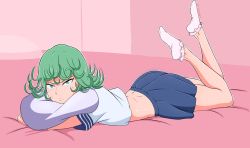 Rule 34 | 1girl, bobby socks, green hair, lying, one-punch man, pillow, skirt, socks, solo, tatsumaki, white socks