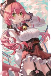 Rule 34 | 1girl, :o, ahoge, animal hat, black hat, black thighhighs, blush, breasts, cat hat, cherry blossoms, cloud, corset, cowboy shot, day, detached sleeves, dodota, dutch angle, flower, garter straps, green eyes, hair between eyes, hair flower, hair ornament, hat, highres, hololive, large breasts, long hair, long sleeves, looking at viewer, low twintails, miniskirt, obi, official alternate costume, outdoors, petticoat, pink hair, plaid, plaid skirt, pleated skirt, red skirt, ribbed shirt, sakura miko, sakura miko (casual), sash, shirt, skirt, sky, sleeveless, sleeveless shirt, solo, thighhighs, torii, twintails, upskirt, virtual youtuber, white shirt, white sleeves