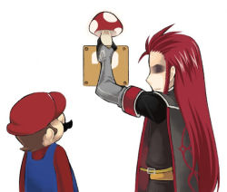 Rule 34 | 00s, 2boys, ? block, asch (tales), brown hair, crossover, doroimo, facial hair, hat, long hair, male focus, mario, mario (series), md5 mismatch, multiple boys, mushroom, mustache, namco, nintendo, red hair, super mario bros. 1, super mushroom, surcoat, tales of (series), tales of the abyss, white background