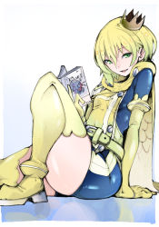 Rule 34 | 1girl, aiguillette, amagami sora, bareteru! cocktail knights, belt, blonde hair, book, cape, costume, crown, cup, drinking glass, epaulettes, fang, green eyes, hair between eyes, hair ornament, highres, holding, holding book, looking at viewer, magical girl, reading, room, shiny skin, short hair, short shorts, shorts, sitting, skin fang, skindentation, solo, takayama toshinori, thick thighs, thighs, valencia (bareteru! cocktail night), yellow belt, yellow legwear