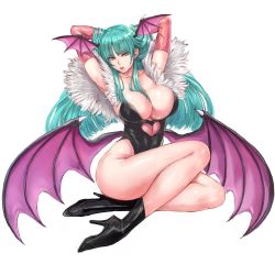 Rule 34 | 1girl, ankle boots, arms behind head, arms up, black footwear, black leotard, boots, breasts, capcom, cleavage, clothing cutout, collarbone, commentary request, demon girl, elbow gloves, full body, gloves, green hair, head wings, heart, heart cutout, high heel boots, high heels, large breasts, leotard, long hair, low wings, morrigan aensland, open mouth, shiny clothes, shiny skin, shu-mai, simple background, sitting, solo, vampire (game), white background, wings, yellow eyes
