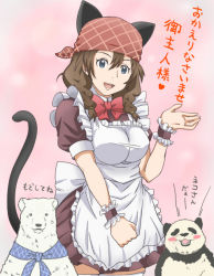 Rule 34 | 1girl, :d, animal ears, apron, banboro (technobot), bow, cat ears, cat tail, head scarf, looking at viewer, maid, maid apron, open mouth, panda, panda (shirokuma cafe), sasako (shirokuma cafe), shirokuma (shirokuma cafe), shirokuma cafe, smile, tail, translation request, wrist cuffs
