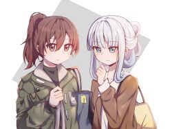 Rule 34 | 2girls, alternate costume, alternate hairstyle, bag, bai yuxiu, blue eyes, blue hair, blunt bangs, brown eyes, brown hair, brown jacket, closed mouth, coat, contemporary, feng ling&#039;er, fengling yuxiu, green jacket, grey hair, hair between eyes, jacket, long hair, long sleeves, mrhermit, multiple girls, open clothes, ponytail, shirt, shoulder bag, smile, two-tone background, upper body, white shirt