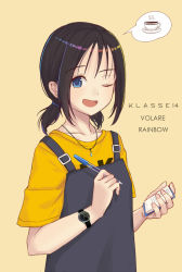 Rule 34 | 1girl, ;d, black hair, blue eyes, collarbone, commentary request, cup, hair tie, highres, holding, holding notepad, holding pen, itachi kanade, jewelry, looking at viewer, notepad, one eye closed, open mouth, original, overalls, pen, pendant, shirt, short twintails, smile, solo, spoken object, tan background, teacup, twintails, upper body, waitress, watch, wristwatch, yellow shirt