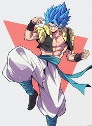 Rule 34 | 1boy, abs, black wristband, blue eyes, blue hair, commentary request, dragon ball, dragon ball super, fighting stance, fingernails, fusion, gogeta, highres, looking at viewer, metamoran vest, muscular, muscular male, open mouth, sash, smug, solo, spiked hair, standing, standing on one leg, tsuki 0960, twitter username