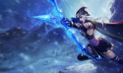 Rule 34 | 1girl, arrow (projectile), ashe (league of legends), blue eyes, bow (weapon), breasts, cape, drawing bow, dress, gloves, holding, holding bow (weapon), holding weapon, hood, large breasts, league of legends, long hair, mountain, official art, official wallpaper, short dress, sideboob, snow, solo, thighhighs, weapon, white hair, winter