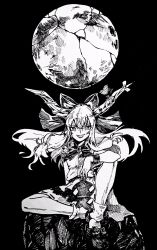 Rule 34 | 1girl, alcohol, anderson m0311, black background, bow, cuffs, floating hair, gourd, greyscale, highres, horn bow, horn ornament, horn ribbon, horns, ibuki suika, long hair, looking at viewer, monochrome, moon, oni, ribbon, rock, sake, shackles, sitting, smile, solo, touhou, traditional media