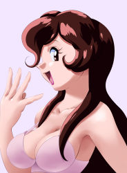 Rule 34 | 1girl, armpits, bare shoulders, bra, breasts, brown eyes, brown hair, cleavage, creatures (company), enessef, game freak, giselle (pokemon), highres, laughing, lipstick, looking at viewer, makeup, nintendo, pokemon, pokemon (anime), pokemon (classic anime), solo, underwear, undressing