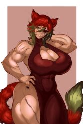 Rule 34 | absurdres, animal ears, breasts, cat ears, cleavage cutout, clothing cutout, dress, green eyes, green hair, highres, large breasts, milka01477, muscular, muscular female, nail polish, original, red eyes, red hair, scar, tail, thick thighs, thighs