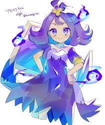 Rule 34 | 1girl, :3, acerola (pokemon), armlet, blush, closed mouth, commentary request, creatures (company), dress, game freak, hair ornament, hairclip, hands on own hips, highres, looking at viewer, nintendo, pokemon, pokemon sm, purple dress, purple eyes, purple hair, short hair, short sleeves, smile, solo, sumeragi1101, white background