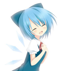 Rule 34 | 1girl, bad id, bad pixiv id, blue eyes, blue hair, cirno, closed eyes, fang, happy, matching hair/eyes, oniku (shimofuri-ke), open mouth, own hands together, short hair, simple background, smile, solo, touhou, upper body, white background, wings