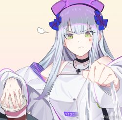 Rule 34 | 1girl, bag, commentary request, cup, disposable cup, frown, girls&#039; frontline, green eyes, grey hair, hair ornament, hat, hk416 (girls&#039; frontline), hk416 (white negroni) (girls&#039; frontline), holding, holding bag, holding cup, jewelry, long hair, looking at viewer, mao jian hiko, necklace, off shoulder, official alternate costume, plastic bag, simple background, solo, teardrop facial mark, upper body, weibo watermark