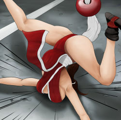 Rule 34 | 1girl, artist request, ass, breasts, brown hair, defeat, faceplant, fatal fury, from behind, humiliation, long hair, pain, ponytail, ryona, shiranui mai, solo, the king of fighters, top-down bottom-up