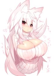 Rule 34 | 1girl, animal ear fluff, animal ears, arms behind back, blush, breasts, brown eyes, cleavage, cleavage cutout, clothing cutout, covered erect nipples, fox ears, fox tail, heart, heart-shaped pupils, highres, in heat, inverted nipples, large breasts, long hair, looking at viewer, mamuru, meme attire, nipples, open-chest sweater, original, ribbed sweater, simple background, solo, sweater, symbol-shaped pupils, tail, white background, white hair