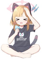 Rule 34 | &gt; &lt;, 1girl, alternate costume, animal ear headphones, animal ears, aoraine, barefoot, black shirt, black shorts, blonde hair, blue archive, bow, cat ear headphones, cat tail, chestnut mouth, commentary request, english text, fake animal ears, food, full body, hair bow, halo, headache, headphones, highres, ice cream, indian style, mechanical tail, medium hair, momoi (blue archive), open mouth, pink bow, shirt, short sleeves, shorts, simple background, sitting, solo, sweat, t-shirt, tail, toes, white background