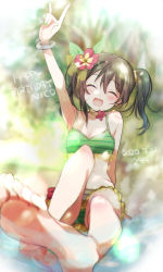 Rule 34 | 1girl, barefoot, black hair, blush, breasts, cleavage, closed eyes, feet, flower, hair flower, hair ornament, highres, long hair, love live!, love live! school idol festival, natsuiro egao de 1 2 jump!, open mouth, soles, swimsuit, toes, twintails, yazawa nico