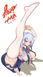 Rule 34 | 1girl, absurdres, armpits, bare shoulders, blue dress, breasts, character request, cleavage, copyright request, dress, full body, highres, kneepits, large breasts, leg hold, leg lift, leg up, looking at viewer, pov, purple eyes, side ponytail, sideboob, solo, split, standing, standing on one leg, standing split, thighhighs, white background, white hair, white thighhighs, wr (karakusa senbei)