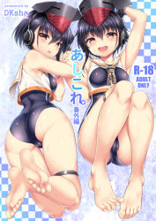 Rule 34 | 10s, 2girls, :d, ass, asymmetrical hair, barefoot, black hair, black one-piece swimsuit, brown eyes, cover, cover page, feet, foot focus, hair between eyes, headphones, i-13 (kancolle), i-14 (kancolle), kantai collection, kase daiki, lying, multiple girls, on stomach, one-piece swimsuit, open mouth, sailor collar, sailor shirt, school swimsuit, shirt, short hair, siblings, sisters, sleeveless, sleeveless shirt, smile, soles, swimsuit, swimsuit under clothes, the pose, thighs, toes, white sailor collar