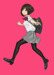Rule 34 | 1girl, :d, backpack, bag, black footwear, black pantyhose, bob cut, bow, bowtie, brown eyes, brown hair, commentary request, from side, full body, grey skirt, highres, loafers, looking at viewer, looking to the side, miniskirt, miru tights, moegi homi, open mouth, outstretched arm, pantyhose, pink background, pleated skirt, purple bow, purple bowtie, running, school uniform, shirt, shoes, short hair, short sleeves, simple background, skirt, smile, solo, swept bangs, white shirt, yomu (sgt epper)
