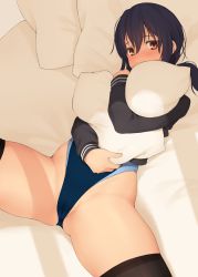 Rule 34 | 1girl, bed, black hair, black jacket, black thighhighs, blue one-piece swimsuit, brown eyes, commentary request, competition swimsuit, covered mouth, cowboy shot, highleg, highleg swimsuit, highres, jacket, kajanda, long hair, looking at viewer, lying, hugging object, one-piece swimsuit, original, pillow, pillow hug, solo, spread legs, swimsuit, thighhighs