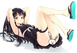 Rule 34 | 1girl, armpits, arms behind head, bare legs, black hair, breasts, censored, covered erect nipples, dress, face, feet, hand in own hair, leg lift, leg ribbon, long hair, looking at viewer, lying, mole, mole under eye, novelty censor, on back, original, pink eyes, rabbit, red eyes, ribbon, sandals, shoe dangle, sideboob, simple background, sleeveless, small breasts, solo, subachi, thigh ribbon