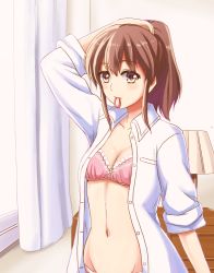 Rule 34 | 1girl, adjusting hair, arms up, blush, bra, breasts, brown eyes, brown hair, cleavage, collarbone, commentary request, curtains, hairdressing, indoors, long hair, looking at viewer, mouth hold, navel, ookawa wataru, open clothes, open shirt, original, panties, pink panties, ponytail, shirt, small breasts, solo, standing, tying hair, underwear, undressing, white shirt