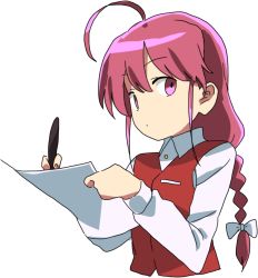 Rule 34 | 1girl, ahoge, bow, braid, cropped torso, hachi (8bit canvas), hair between eyes, hair bow, highres, holding, holding paper, long sleeves, looking at viewer, no nose, okazaki yumemi, paper, pink eyes, pink hair, red vest, solo, touhou, touhou (pc-98), vest, white background, white bow