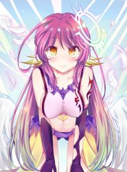 Rule 34 | 1girl, angel wings, blush, breasts, closed mouth, commentary request, spiked halo, feathered wings, feathers, gloves, gradient hair, halo, jibril (no game no life), large breasts, leaning forward, long hair, looking at viewer, low wings, magic circle, midriff, multicolored eyes, multicolored hair, no game no life, orange eyes, pink hair, sideboob, smile, solo, tattoo, very long hair, walnut (mottimoti), white wings, wing ears, wings, yellow eyes
