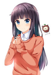 Rule 34 | 1girl, black hair, blue eyes, eyebrows, interlocked fingers, long hair, ok-ray, original, own hands clasped, own hands together, simple background, solo, upper body, white background