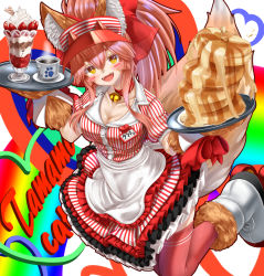 Rule 34 | 1girl, animal ear fluff, animal ears, animal hands, apron, bell, blush stickers, bow, breasts, character name, cleavage, clothes writing, collar, collarbone, cup, dress, fangs, fate/extra, fate/grand order, fate (series), food, fox ears, fox girl, fox tail, gloves, hair between eyes, hair bow, ice cream, jingle bell, large breasts, long hair, looking at viewer, lostroom outfit (fate), name tag, neck bell, open mouth, pancake, paw gloves, pink hair, ponytail, puffy short sleeves, puffy sleeves, red bow, red legwear, roller skates, short sleeves, sidelocks, skates, smile, solo, striped clothes, striped dress, sundae, tail, tamamo (fate), tamamo cat (fate), teacup, totororo, tray, visor cap, white apron, yellow eyes
