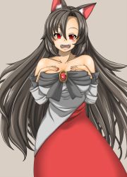 Rule 34 | 1girl, animal ears, bad id, bad pixiv id, blush, breasts, brooch, brown hair, cleavage, collarbone, dress, fangs, fingernails, grey background, hand on own chest, imaizumi kagerou, jewelry, large breasts, long sleeves, memento mori (m.m), nail polish, off shoulder, open mouth, red eyes, red nails, simple background, solo, tail, touhou, wide sleeves, wolf ears, wolf tail