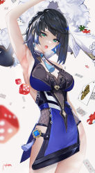 Rule 34 | 1girl, armpits, arms up, bare shoulders, black hair, blue dress, blue hair, blush, bob cut, breasts, card, cleavage, cleavage cutout, clothing cutout, diagonal bangs, dice, dress, earrings, fur-trimmed jacket, fur trim, genshin impact, green eyes, highres, jacket, jewelry, large breasts, long sleeves, looking at viewer, mole, mole on breast, multicolored hair, neck ring, omone hokoma agm, open mouth, pelvic curtain, playing card, poker chip, short hair, tassel, thighs, two-tone hair, unworn jacket, white jacket, yelan (genshin impact)