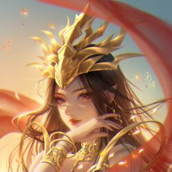 Rule 34 | 1girl, arm up, artist request, bare shoulders, bracelet, brown hair, cai lin (doupo cangqiong), closed mouth, dawn, doupo cangqiong, earrings, fabric, highres, jewelry, long hair, loose hair strand, pointy ears, red eyes, second-party source, smile, solo, upper body