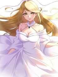 Rule 34 | 1girl, blonde hair, breasts, cleavage, collarbone, dress, floating hair, halter dress, halterneck, head tilt, highres, long hair, looking at viewer, medium breasts, mythra (xenoblade), p i n o, pink lips, smile, solo, white background, white veil, xenoblade chronicles (series), xenoblade chronicles 2, yellow eyes