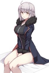Rule 34 | 1girl, ahoge, between legs, black dress, blue coat, blush, breasts, closed mouth, coat, collarbone, dress, fate/apocrypha, fate/grand order, fate (series), fur-trimmed coat, fur-trimmed sleeves, fur trim, hair between eyes, hand between legs, jeanne d&#039;arc (fate), jeanne d&#039;arc alter (fate), jeanne d&#039;arc alter (ver. shinjuku 1999) (fate), jewelry, looking at viewer, looking to the side, medium breasts, michihasu, official alternate costume, open clothes, open coat, pendant, short dress, silver hair, sitting, solo, white background, wicked dragon witch ver. shinjuku 1999, yellow eyes