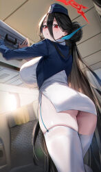 Rule 34 | 1girl, airplane interior, alternate costume, ass, black hair, blue archive, blue jacket, blush, breasts, cropped jacket, dress, feet out of frame, garrison cap, hair between eyes, hair bun, hasumi (blue archive), hat, highres, huge breasts, jacket, long hair, long sleeves, looking at viewer, no wings, pinkmill, red eyes, single side bun, skindentation, solo, suitcase, sweat, thighhighs, travel attendant, very long hair, white dress, white thighhighs
