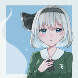 Rule 34 | 1girl, adapted costume, black hairband, black neckwear, blue background, blue eyes, blush, bob cut, border, breasts, brooch, commentary, crying, crying with eyes open, furrowed brow, green shirt, hairband, hand on own chest, highres, hitodama, jewelry, konpaku youmu, long sleeves, medium breasts, nose blush, parted lips, riruku, shirt, short hair, silver hair, simple background, solo, streaming tears, tears, touhou, upper body