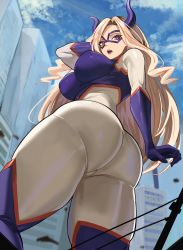 Rule 34 | 1girl, absurdres, ass, ass focus, blonde hair, blue sky, bodysuit, boku no hero academia, breasts, building, city, day, domino mask, fake horns, from below, giant, giantess, highres, horns, huge ass, large breasts, long hair, looking at viewer, loooyd, mask, masked, mount lady, open mouth, outdoors, power lines, purple bodysuit, purple eyes, purple horns, skin tight, sky, skyscraper, solo, superhero costume, teeth, tight clothes, white bodysuit