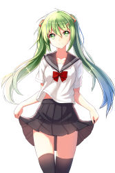 Rule 34 | 1girl, absurdres, ahoge, allenes, black skirt, black thighhighs, blue hair, bow, bowtie, green eyes, green hair, hair between eyes, hair ornament, hair ribbon, hairclip, hatsune miku, head tilt, highres, long hair, looking at viewer, matching hair/eyes, multicolored hair, pleated skirt, ribbon, school uniform, serafuku, shirt, simple background, skirt, skirt hold, smile, solo, thighhighs, twintails, vocaloid, white background, white shirt