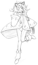 Rule 34 | 1girl, alternate costume, animal ears, boots, cat ears, claws, curly hair, dragon quest, dragon quest vii, greyscale, long hair, looking at viewer, maribel (dq7), mayakaek, monochrome, monochrome, smile, solo, weapon