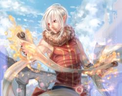 Rule 34 | 1boy, animal, animal around neck, architecture, closed mouth, cloud, commentary request, day, detached sleeves, fox, hair between eyes, hikarusorano, holding, holding scroll, looking to the side, magic, male focus, medium hair, outdoors, pointy ears, professor (ragnarok online), ragnarok online, red eyes, red shirt, scroll, shirt, sky, sleeveless, sleeveless shirt, solo, standing, upper body, white hair, white sleeves