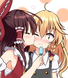 Rule 34 | 2girls, ;(, ahoge, bare shoulders, black dress, blonde hair, blush, bow, braid, breasts, closed eyes, closed mouth, detached sleeves, dress, eating, food, food on face, hair bow, hair ribbon, hair tubes, hakurei reimu, head tilt, heart, highres, holding, holding food, imminent kiss, kirisame marisa, licking another&#039;s face, long hair, multicolored hair, multiple girls, no headwear, nose blush, pinafore dress, polka dot, polka dot background, popsicle, profile, puffy short sleeves, puffy sleeves, rankasei, red bow, red ribbon, ribbon, shirt, short sleeves, sideboob, sidelocks, sleeveless dress, small breasts, streaked hair, tareme, tongue, tongue out, touhou, upper body, white shirt, wide-eyed, yellow eyes, yuri