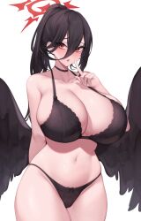 Rule 34 | 1girl, alternate costume, arm behind back, bare shoulders, black bra, black choker, black hair, black panties, black wings, blue archive, blush, bra, breasts, choker, collarbone, commentary, cowboy shot, feathered wings, groin, hair between eyes, halo, hand up, hasumi (blue archive), high ponytail, highres, huge breasts, index finger raised, kuavera, low wings, navel, paid reward available, panties, raised eyebrows, red eyes, sideboob, simple background, skindentation, solo, stomach, sweatdrop, thick thighs, thighs, underwear, underwear only, white background, wings
