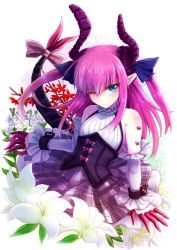 Rule 34 | 10s, 1girl, ;), corset, elizabeth bathory (fate), elizabeth bathory (fate/extra ccc), elizabeth bathory (second ascension) (fate), fate/extra, fate/extra ccc, fate/grand order, fate (series), flower, horns, one eye closed, pink hair, ribbon, rojiura satsuki : chapter heroine sanctuary, smile, solo, tail, tail ornament, tail ribbon, yude