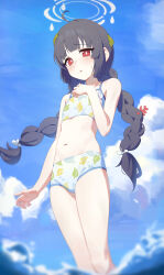 Rule 34 | 1girl, absurdres, bikini, black hair, blue archive, blue sky, blunt bangs, blurry, braid, cloud, cloudy sky, collarbone, commentary request, daeyu k, depth of field, groin, hair ribbon, halo, highres, in water, leaf, leaf on head, leaf print, long hair, looking at viewer, low twintails, miyu (blue archive), miyu (swimsuit) (blue archive), navel, ocran, official alternate costume, official alternate hairstyle, outdoors, parted lips, print bikini, red eyes, ribbon, sidelocks, sky, solo, spaghetti strap, standing, stomach, sweatdrop, swimsuit, twin braids, twintails